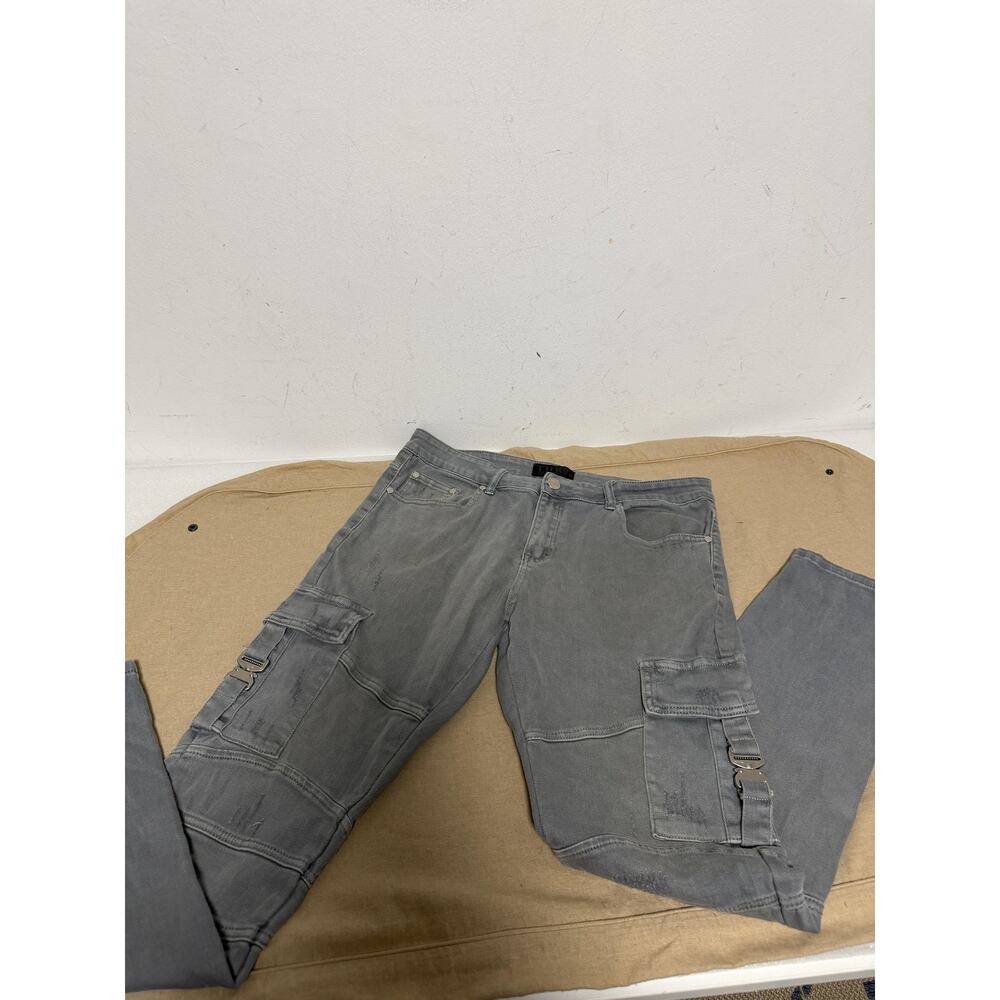 THRT Jeans Mens 36x33 Gray Slim Tapered Cargo Buckle Pockets Stretch Denim